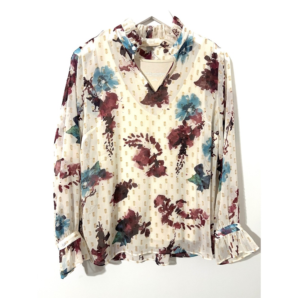 SOFT SURROUNDINGS Blouse Women S Cream Floral Ruffle Neck Chiffon Lurex  Boho - Picture 2 of 10